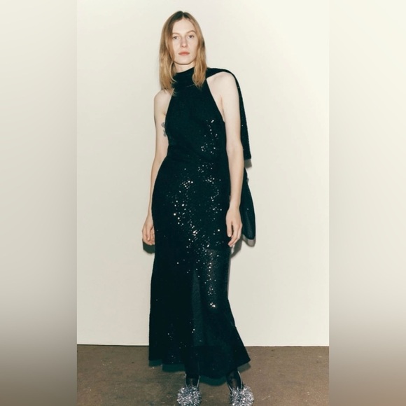 Zara Bloggers Fav Black Sequin Halter Neckline Midi Christmas Holiday Dress Sz L - Picture 15 of 17